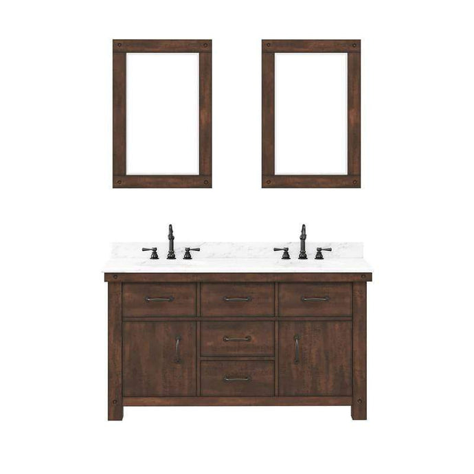 Water Creation Vanity Water Creation AB60CW03RS-A24TL1203 Aberdeen 60 Inch Double Sink Carrara White Marble Countertop Vanity in Rustic Sierra with Hook Faucets and Mirrors