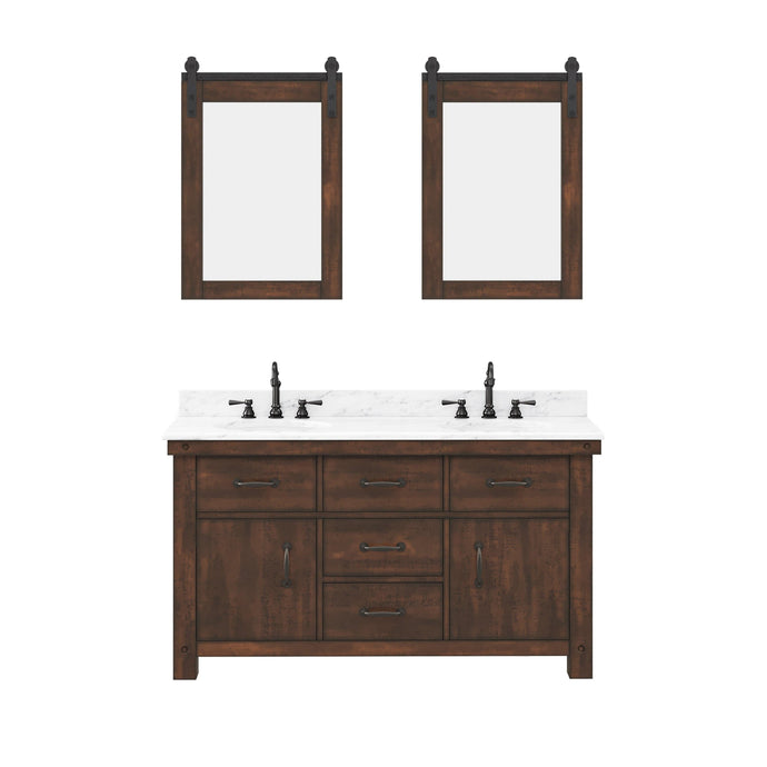 Water Creation Vanity Water Creation AB60CW03RS-P24000000 Aberdeen 60 In. Double Sink Carrara White Marble Countertop Vanity in Rustic Sierra with Mirrors