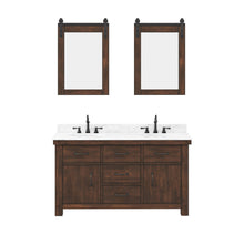 Load image into Gallery viewer, Water Creation Vanity Water Creation AB60CW03RS-P24TL1203 Aberdeen 60 In. Double Sink Carrara White Marble Countertop Vanity in Rustic Sierra with Hook Faucets and Mirrors