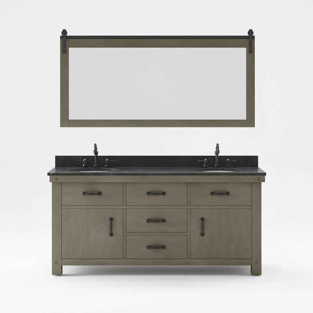 Water Creation Vanity Water Creation AB72BL03GG-P72TL1203 Aberdeen 72 In. Double Sink Blue Limestone Countertop Vanity in Grizzle Gray with Hook Faucet and Mirror