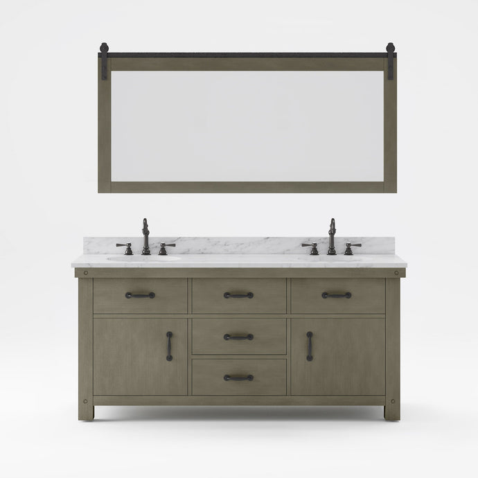 Water Creation Vanity Water Creation AB72CW03GG-P72TL1203 Aberdeen 72 In. Double Sink Carrara White Marble Countertop Vanity in Grizzle Gray with Hook Faucets and Mirror