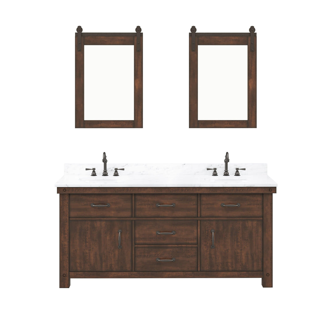 Water Creation Vanity Water Creation AB72CW03RS-P24000000 Aberdeen 72 In. Double Sink Carrara White Marble Countertop Vanity in Rustic Sierra with Mirrors