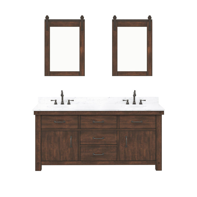 Water Creation Vanity Water Creation AB72CW03RS-P24TL1203 Aberdeen 72 In. Double Sink Carrara White Marble Countertop Vanity in Rustic Sierra with Hook Faucets and Mirrors