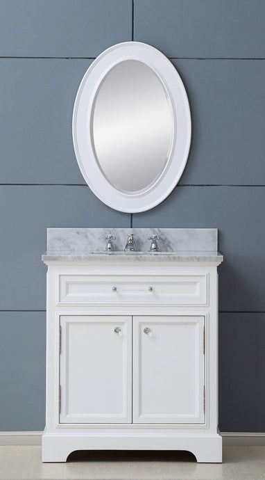 Water Creation Vanity Water Creation DE24CW01PW-O21BX0901 24 Inch Pure White Single Sink Bathroom Vanity With Matching Framed Mirror And Faucet From The Derby Collection