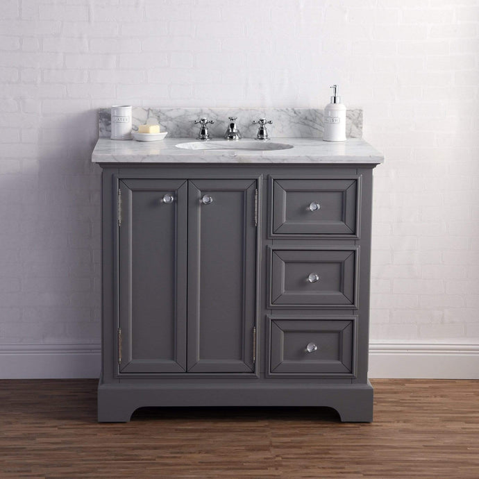 Water Creation Vanity Water Creation DE36CW01CG-000BX0901 36 Inch Wide Cashmere Grey Single Sink Carrara Marble Bathroom Vanity With Faucets From The Derby Collection