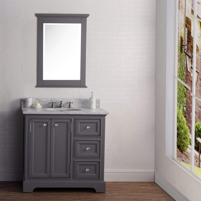 Water Creation Vanity Water Creation DE36CW01CG-B24BX0901 36 Inch Wide Cashmere Grey Single Sink Carrara Marble Bathroom Vanity With Matching Mirror And Faucet(s) From The Derby Collection