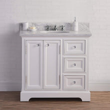 Load image into Gallery viewer, Water Creation Vanity Water Creation DE36CW01PW-000BX0901 36 Inch Wide Pure White Single Sink Carrara Marble Bathroom Vanity With Faucets From The Derby Collection