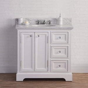 Water Creation Vanity Water Creation DE36CW01PW-000BX0901 36 Inch Wide Pure White Single Sink Carrara Marble Bathroom Vanity With Faucets From The Derby Collection