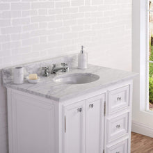 Load image into Gallery viewer, Water Creation Vanity Water Creation DE36CW01PW-000BX0901 36 Inch Wide Pure White Single Sink Carrara Marble Bathroom Vanity With Faucets From The Derby Collection