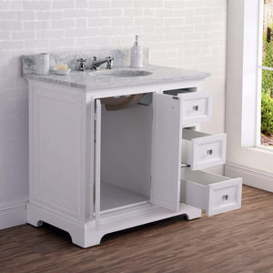 Water Creation Vanity Water Creation DE36CW01PW-000BX0901 36 Inch Wide Pure White Single Sink Carrara Marble Bathroom Vanity With Faucets From The Derby Collection