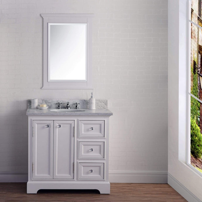 Water Creation Vanity Water Creation DE36CW01PW-B24BX0901 36 Inch Wide Pure White Single Sink Carrara Marble Bathroom Vanity With Matching Mirror And Faucet(s) From The Derby Collection