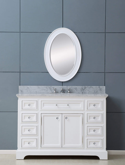 Water Creation Vanity Water Creation DE48CW01PW-O24BX0901 48 Inch Pure White Single Sink Bathroom Vanity With Matching Framed Mirror And Faucet From The Derby Collection