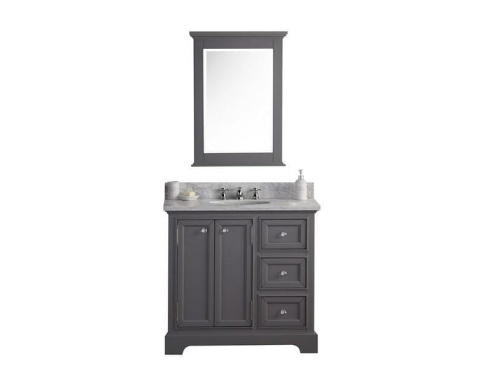 Water Creation Vanity Water Creation DERBY36GB Derby 36 Cashmere Grey Single Sink Carrara Marble Bathroom Vanity With Matching Mirror