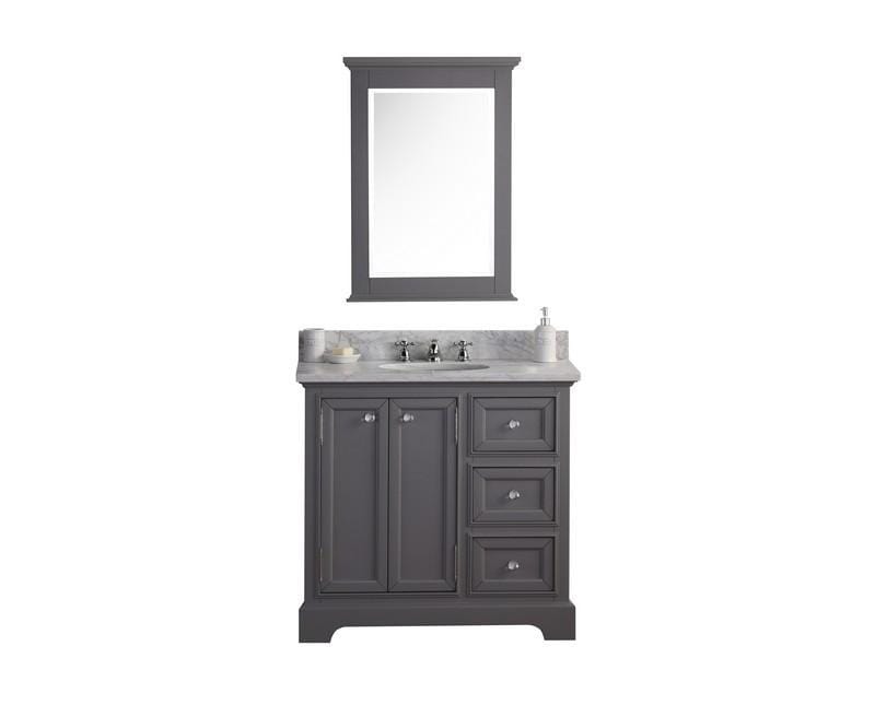 Water Creation Vanity Water Creation DERBY36GB Derby 36 Cashmere Grey Single Sink Carrara Marble Bathroom Vanity With Matching Mirror