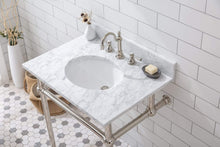 Load image into Gallery viewer, Water Creation Vanity Water Creation EB30E-0512 Embassy 30 Inch Wide Single Wash Stand, P-Trap, Counter Top with Basin, F2-0012 Faucet and Mirror included in Polished Nickel (PVD) Finish