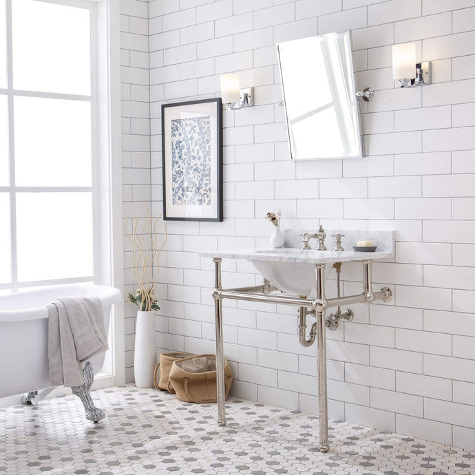 Water Creation Vanity Water Creation EB30E-0513 Embassy 30 Inch Wide Single Wash Stand, P-Trap, Counter Top with Basin, F2-0013 Faucet and Mirror included in Polished Nickel (PVD) Finish