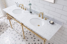 Load image into Gallery viewer, Water Creation Vanity Water Creation EB72D-0612 Embassy 72 Inch Wide Double Wash Stand, P-Trap, Counter Top with Basin, and F2-0012 Faucet included in Satin Gold Finish