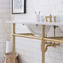 Load image into Gallery viewer, Water Creation Vanity Water Creation EB72E-0613 Embassy 72 Inch Wide Double Wash Stand, P-Trap, Counter Top with Basin, F2-0013 Faucet and Mirror included in Satin Gold Finish