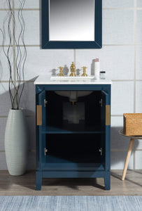 Water Creation Vanity Water Creation EL24CW06MB-R21FX1306 Elizabeth 24-Inch Single Sink Carrara White Marble Vanity In Monarch Blue With Matching Mirror(s) and F2-0013-06-FX Lavatory Faucet(s)