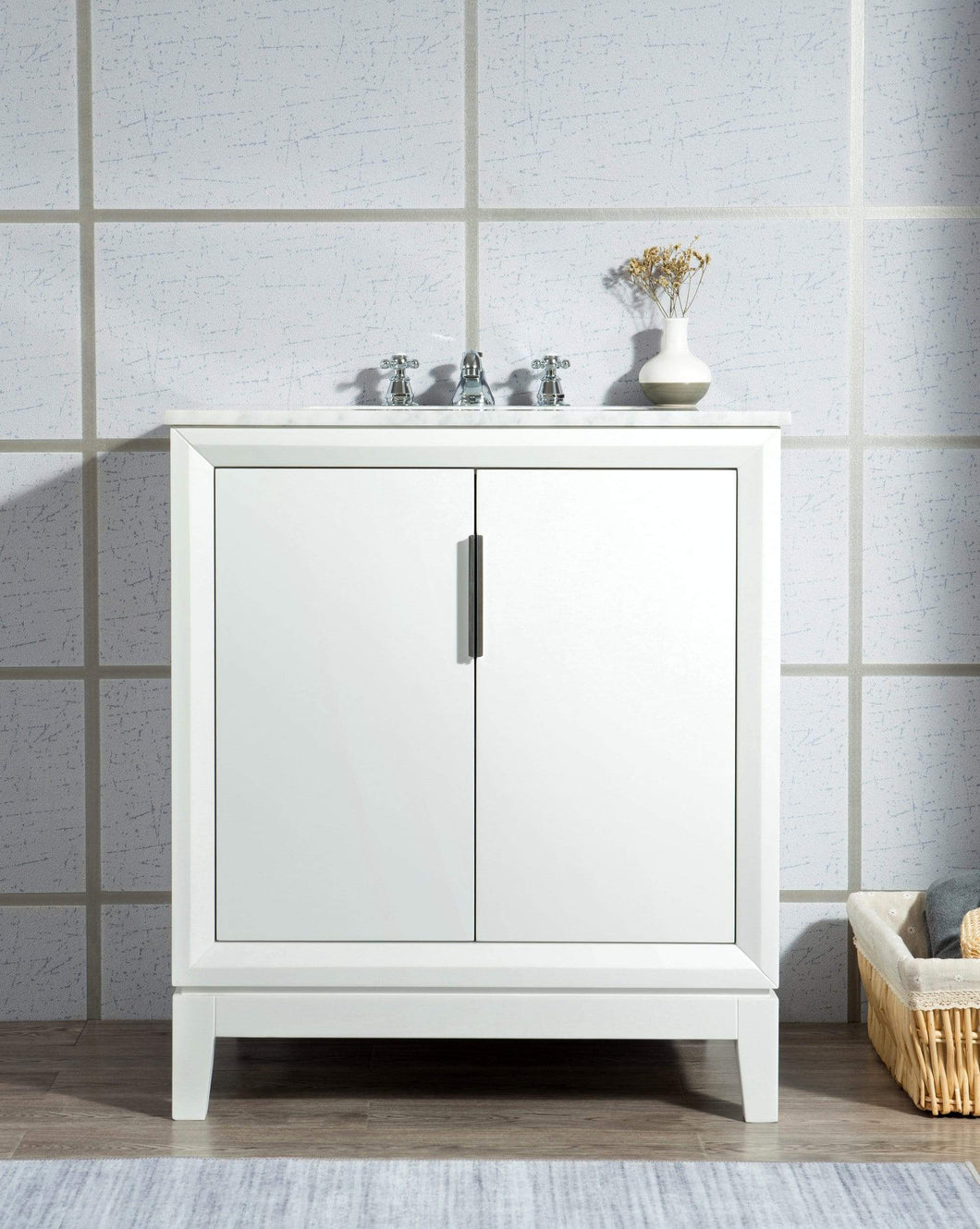 Water Creation Vanity Water Creation EL30CW01PW-R21BX0901 Elizabeth 30-Inch Single Sink Carrara White Marble Vanity In Pure White With Matching Mirror(s) and F2-0009-01-BX Lavatory Faucet(s)