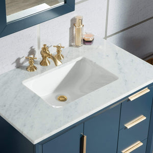 Water Creation Vanity Water Creation EL36CW06MB-R21FX1306 Elizabeth 36-Inch Single Sink Carrara White Marble Vanity In Monarch Blue With Matching Mirror(s) and F2-0013-06-FX Lavatory Faucet(s)