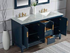 Water Creation Vanity Water Creation EL60CW06MB-R21FX1306 Elizabeth 60-Inch Double Sink Carrara White Marble Vanity In Monarch Blue With Matching Mirror(s) and F2-0013-06-FX Lavatory Faucet(s)