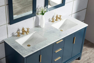 Water Creation Vanity Water Creation EL60CW06MB-R21FX1306 Elizabeth 60-Inch Double Sink Carrara White Marble Vanity In Monarch Blue With Matching Mirror(s) and F2-0013-06-FX Lavatory Faucet(s)