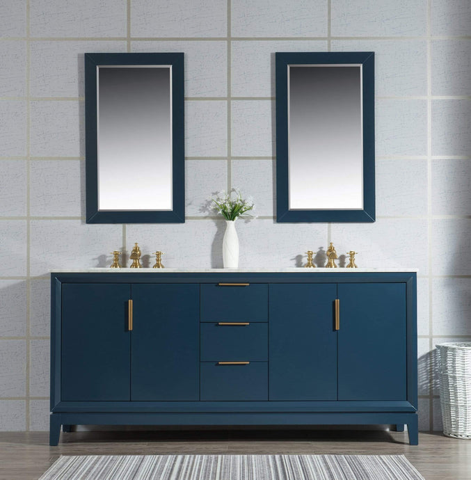 Water Creation Vanity Water Creation EL72CW06MB-R21FX1306 Elizabeth 72-Inch Double Sink Carrara White Marble Vanity In Monarch Blue With Matching Mirror(s) and F2-0013-06-FX Lavatory Faucet(s)