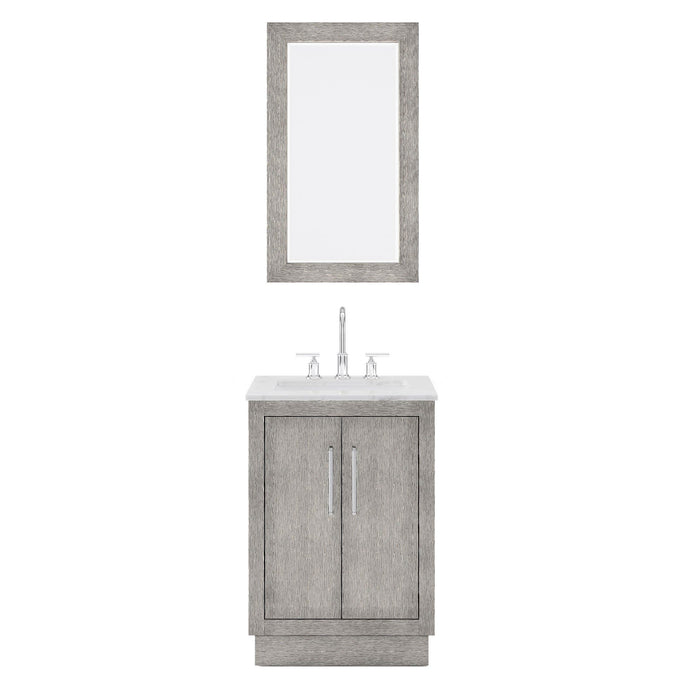 Water Creation HU24CW01GK-R21BL1401 Hugo 24 In. Single Sink Carrara White Marble Countertop Vanity in Grey Oak with Gooseneck Faucet and Mirror