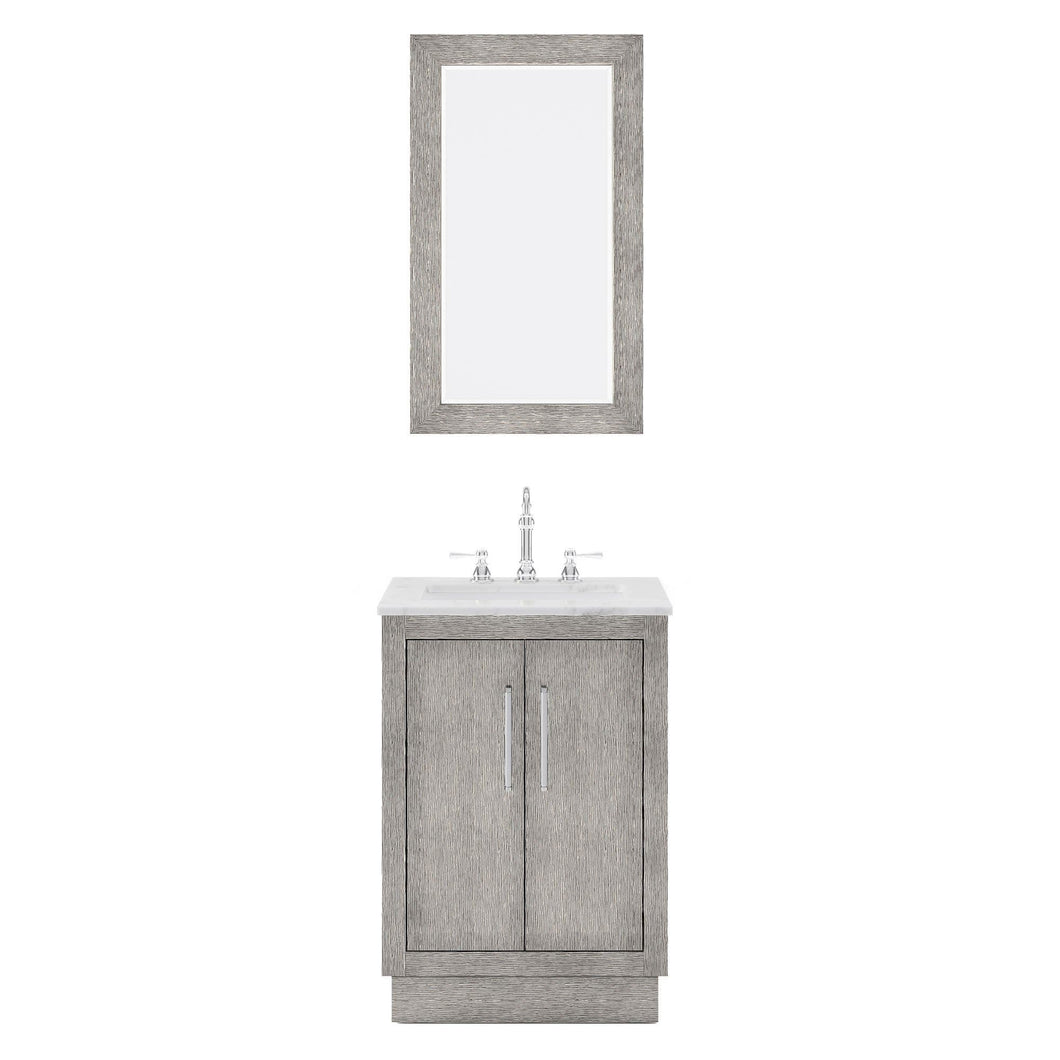 Water Creation Vanity Water Creation HU24CW01GK-R21TL1201 Hugo 24 In. Single Sink Carrara White Marble Countertop Vanity in Grey Oak with Hook Faucet and Mirror