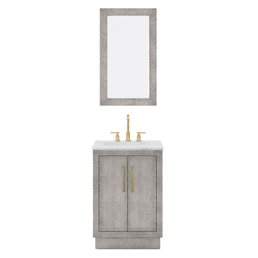 Water Creation Vanity Water Creation HU24CW06GK-R21BL1406 Hugo 24 In. Single Sink Carrara White Marble Countertop Vanity in Grey Oak with Gooseneck Faucet and Mirror