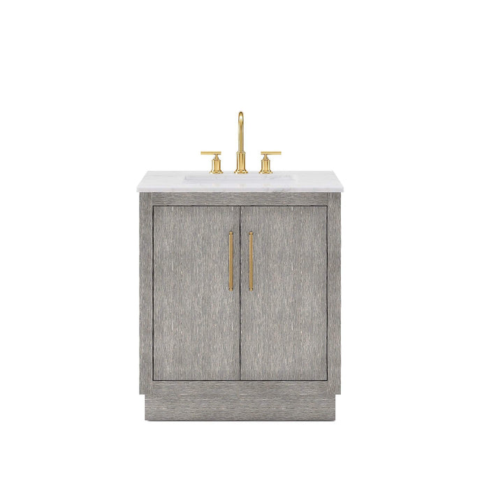 Water Creation Vanity Water Creation HU30CW06GK-000BL1406 Hugo 30 In. Single Sink Carrara White Marble Countertop Vanity in Grey Oak with Gooseneck Faucet