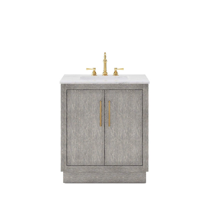 Water Creation Vanity Water Creation HU30CW06GK-000TL1206 Hugo 30 In. Single Sink Carrara White Marble Countertop Vanity in Grey Oak with Hook Faucet