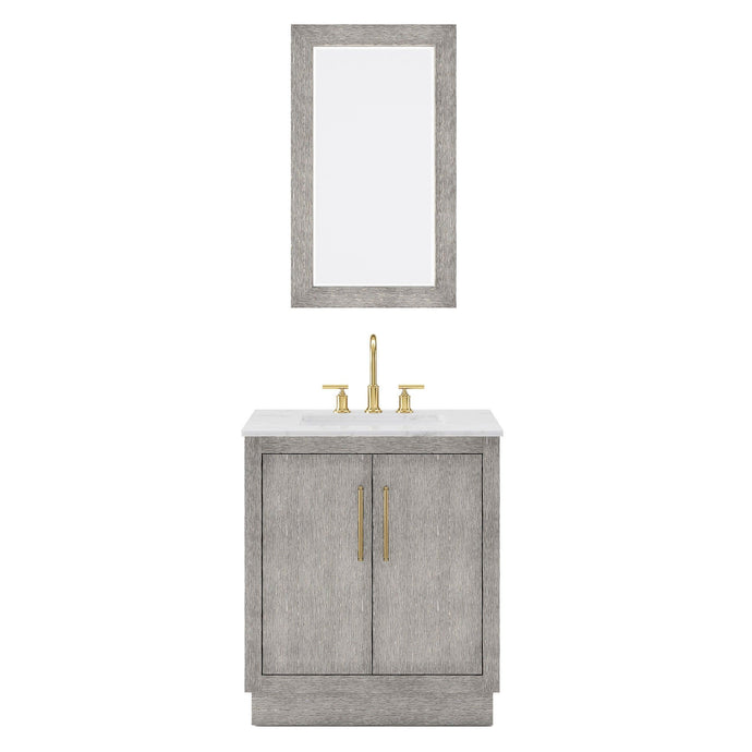 Water Creation Vanity Water Creation HU30CW06GK-R21BL1406 Hugo 30 In. Single Sink Carrara White Marble Countertop Vanity in Grey Oak with Gooseneck Faucet and Mirror