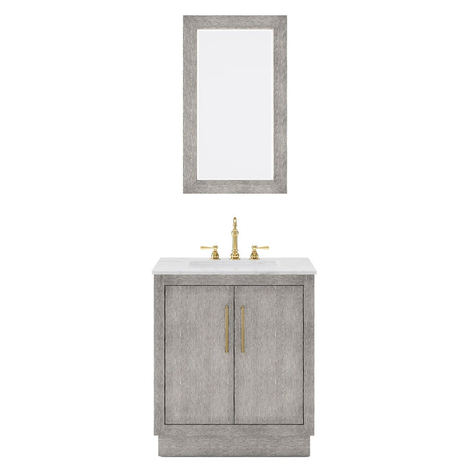 Water Creation Vanity Water Creation HU30CW06GK-R21TL1206 Hugo 30 In. Single Sink Carrara White Marble Countertop Vanity in Grey Oak with Hook Faucet and Mirror