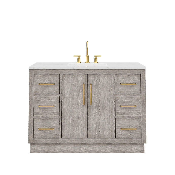 Water Creation Vanity Water Creation HU48CW06GK-000BL1406 Hugo 48 In. Single Sink Carrara White Marble Countertop Vanity in Grey Oak with Gooseneck Faucet