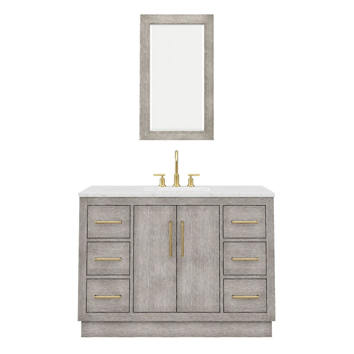 Water Creation Vanity Water Creation HU48CW06GK-R21BL1406 Hugo 48 In. Single Sink Carrara White Marble Countertop Vanity in Grey Oak with Gooseneck Faucet and Mirror