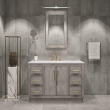 Load image into Gallery viewer, Water Creation Vanity Water Creation HU48CW06GK-R21TL1206 Hugo 48 In. Single Sink Carrara White Marble Countertop Vanity in Grey Oak with Hook Faucet and Mirror