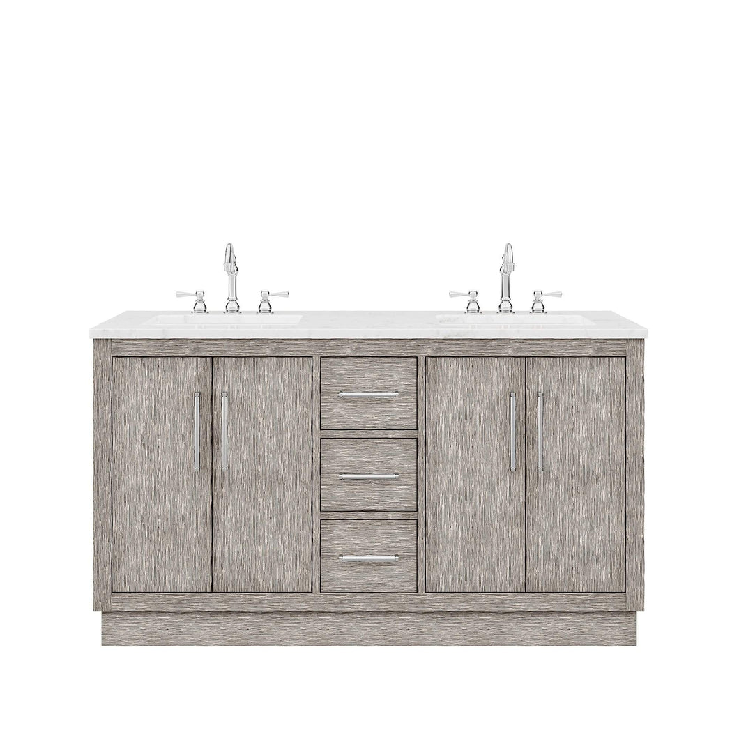 Water Creation Vanity Water Creation HU60CW01GK-000TL1201 Hugo 60 In. Double Sink Carrara White Marble Countertop Vanity in Grey Oak with Hook Faucets