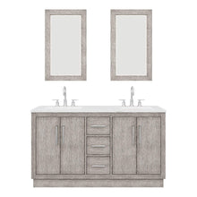 Load image into Gallery viewer, Water Creation Vanity Water Creation HU60CW01GK-R21BL1401 Hugo 60 In. Double Sink Carrara White Marble Countertop Vanity in Grey Oak with Gooseneck Faucets and Mirrors