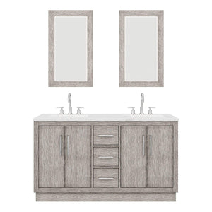 Water Creation Vanity Water Creation HU60CW01GK-R21BL1401 Hugo 60 In. Double Sink Carrara White Marble Countertop Vanity in Grey Oak with Gooseneck Faucets and Mirrors