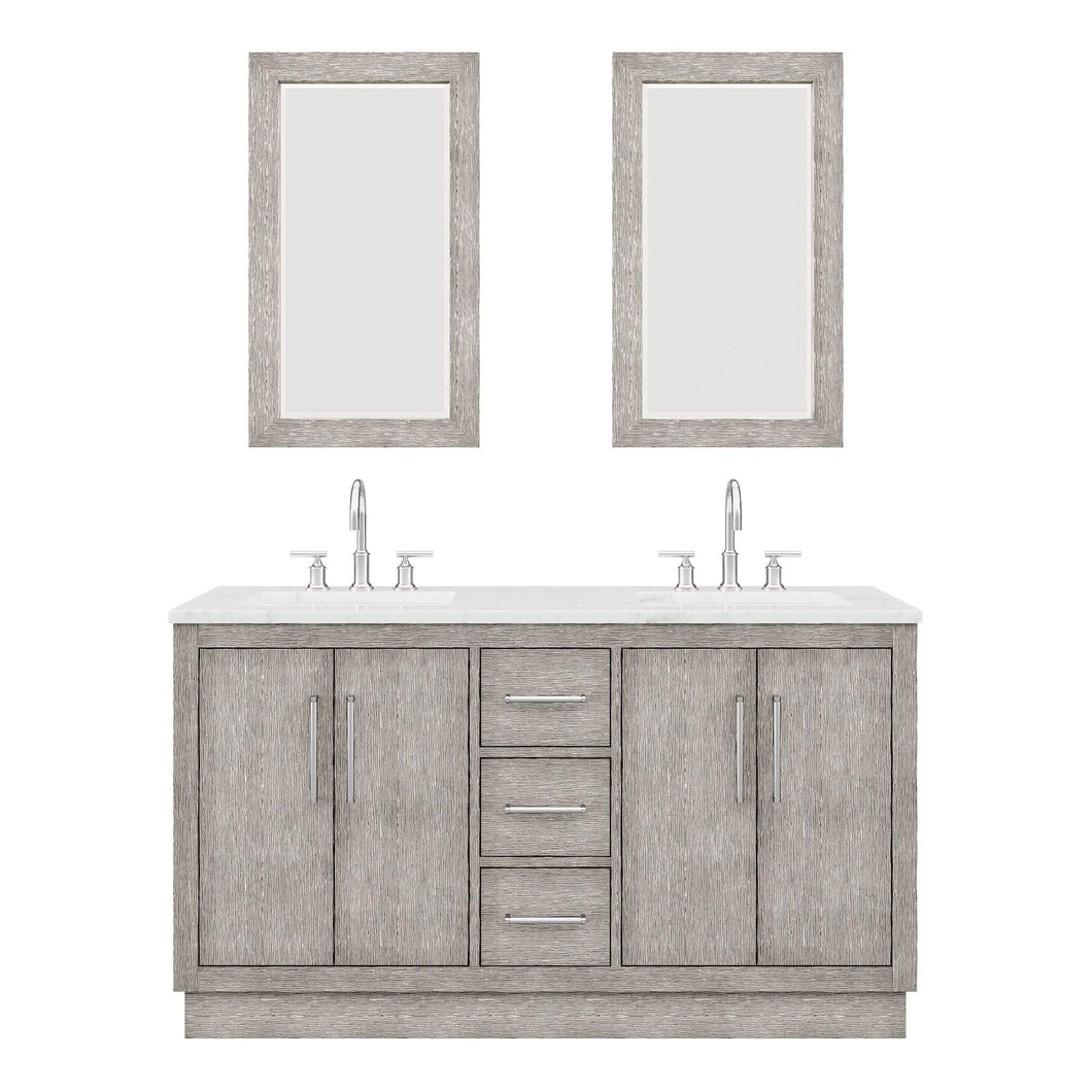 Water Creation Vanity Water Creation HU60CW01GK-R21BL1401 Hugo 60 In. Double Sink Carrara White Marble Countertop Vanity in Grey Oak with Gooseneck Faucets and Mirrors