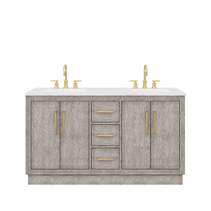 Water Creation Vanity Water Creation HU60CW06GK-000BL1406 Hugo 60 In. Double Sink Carrara White Marble Countertop Vanity in Grey Oak with Gooseneck Faucets