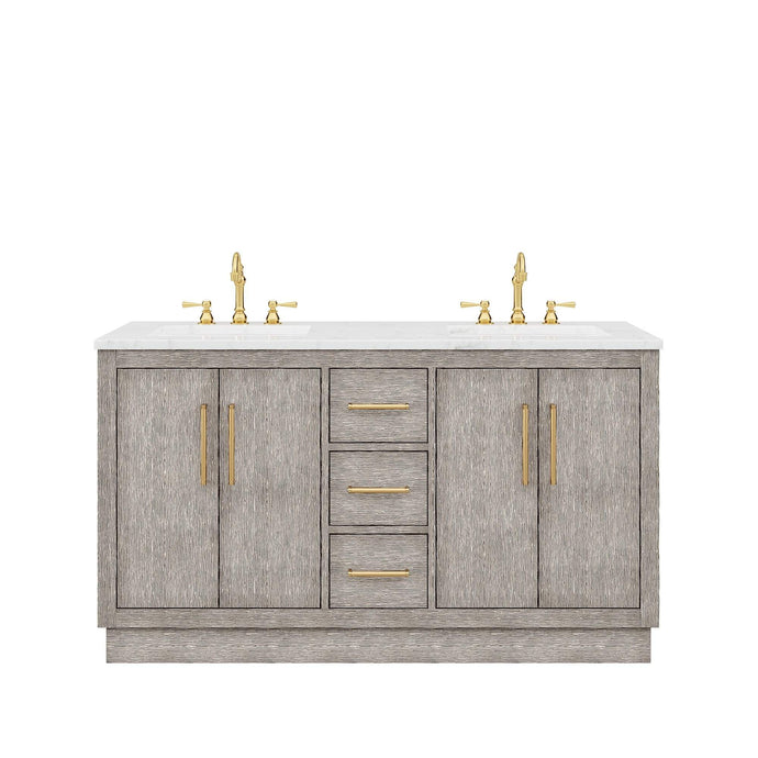 Water Creation Vanity Water Creation HU60CW06GK-000TL1206 Hugo 60 In. Double Sink Carrara White Marble Countertop Vanity in Grey Oak with Hook Faucets