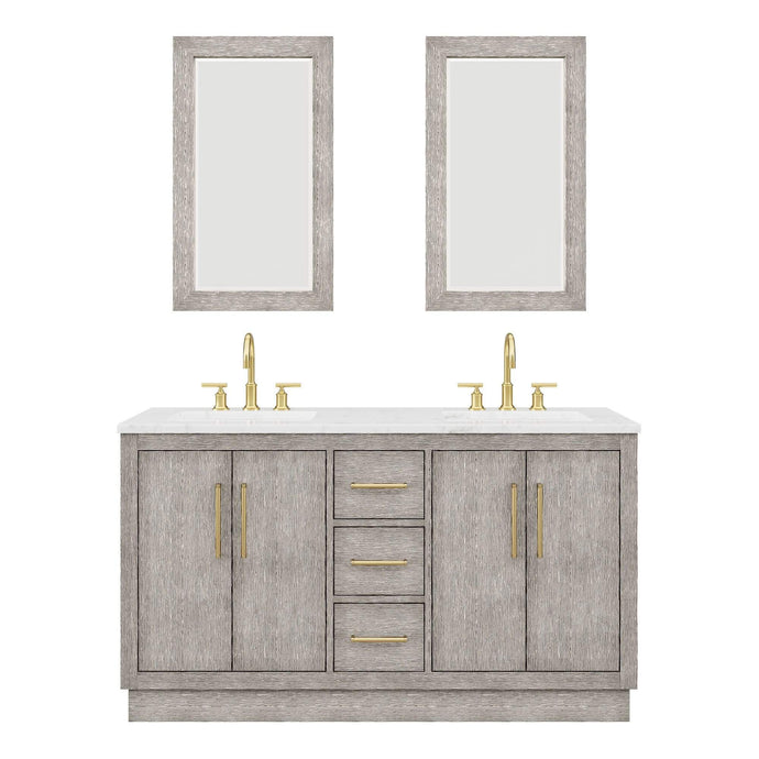 Water Creation Vanity Water Creation HU60CW06GK-R21BL1406 Hugo 60 In. Double Sink Carrara White Marble Countertop Vanity in Grey Oak with Gooseneck Faucets and Mirrors