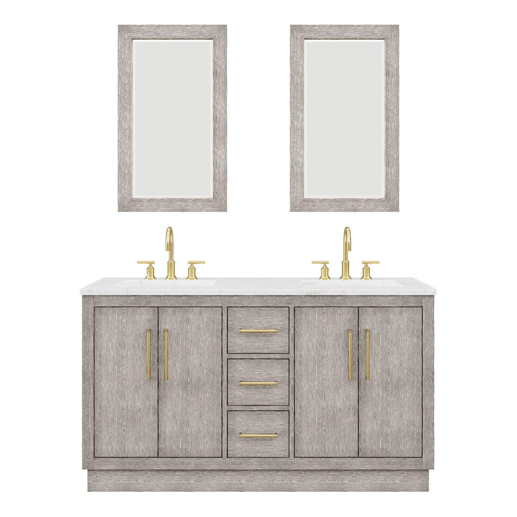Water Creation Vanity Water Creation HU60CW06GK-R21BL1406 Hugo 60 In. Double Sink Carrara White Marble Countertop Vanity in Grey Oak with Gooseneck Faucets and Mirrors