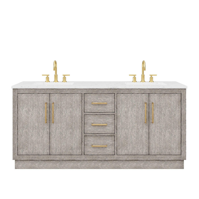 Water Creation Vanity Water Creation HU72CW06GK-000BL1406 Hugo 72 In. Double Sink Carrara White Marble Countertop Vanity in Grey Oak with Gooseneck Faucets