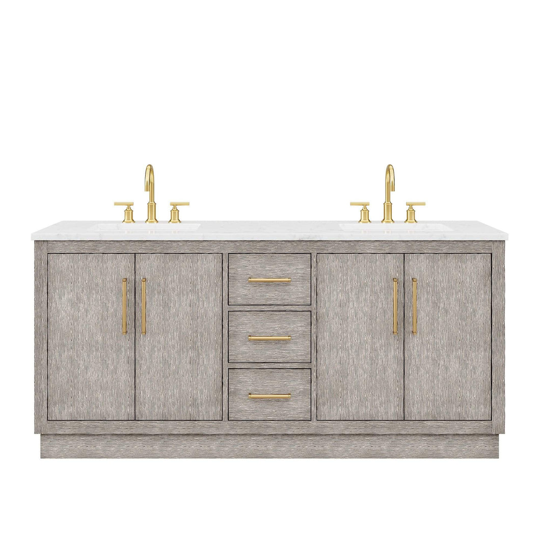 Water Creation Vanity Water Creation HU72CW06GK-000BL1406 Hugo 72 In. Double Sink Carrara White Marble Countertop Vanity in Grey Oak with Gooseneck Faucets
