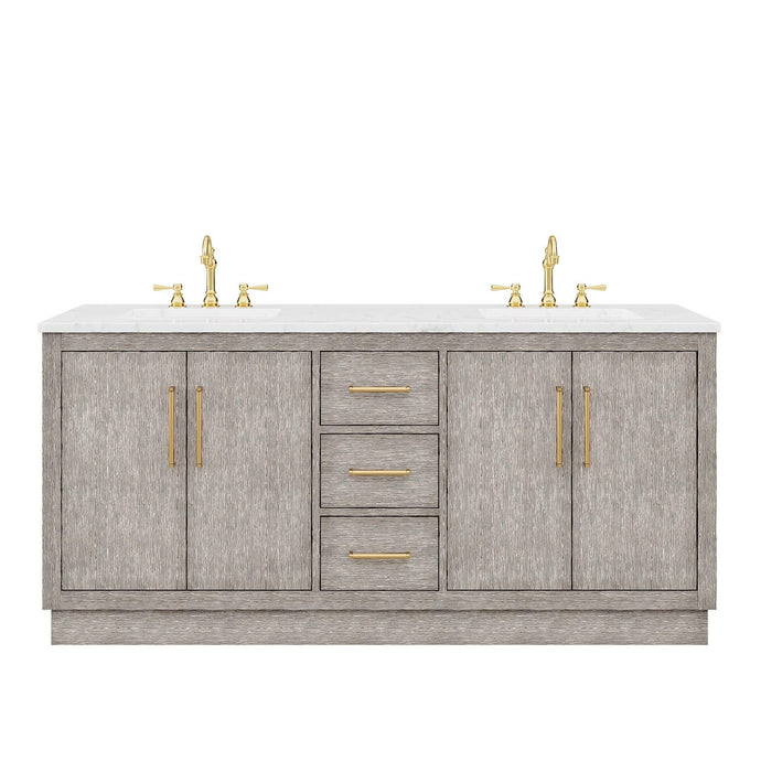 Water Creation Vanity Water Creation HU72CW06GK-000TL1206 Hugo 72 In. Double Sink Carrara White Marble Countertop Vanity in Grey Oak with Hook Faucets
