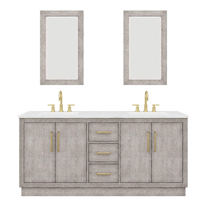 Water Creation Vanity Water Creation HU72CW06GK-R21BL1406 Hugo 72 In. Double Sink Carrara White Marble Countertop Vanity in Grey Oak with Gooseneck Faucets and Mirrors